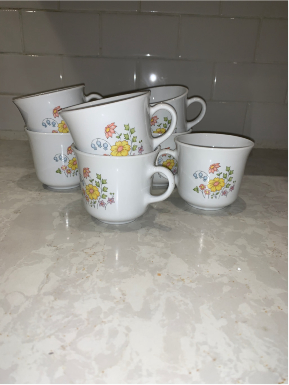 Corelle Floral Coffee Mugs Set of 7 White and Yellow